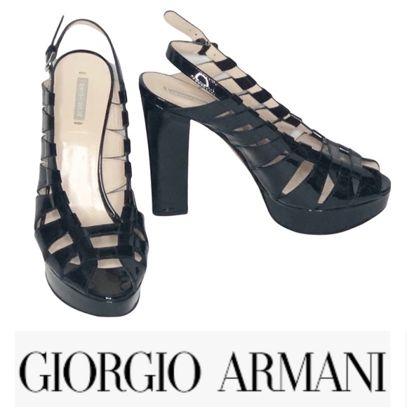 Giorgio Armani Black Patent Slingback Peeptoe Heels 6 - Picture 2 of 10